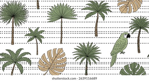 Tropical palm trees, parrot on the black polka dot background. Hand drawn geometric summer vacation seamless pattern. Vector jungle textile design, background, print. 