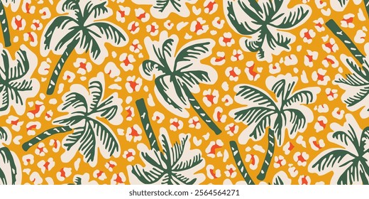 Tropical palm trees pattern with leopard background. Hawaii summer fashion for fabric, textiles, clothing, poster, cover, decoration, banner, wallpaper, interior decor. Vector illustration.