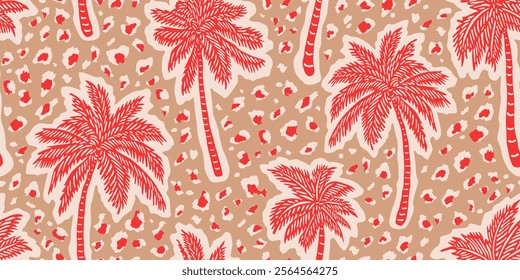 Tropical palm trees pattern with leopard background. Hawaii summer fashion for fabric, textiles, clothing, poster, cover, decoration, banner, wallpaper, interior decor. Vector illustration.