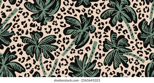 Tropical palm trees pattern with leopard background. Hawaii summer fashion for fabric, textiles, clothing, poster, cover, decoration, banner, wallpaper, interior decor. Vector illustration.