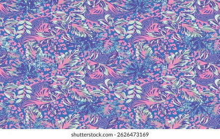 Tropical palm trees pattern with leopard background. Hawaii summer fashion for fabric, textiles, clothing. Vector illustration. hand-painted psychedelic abstract watercolor blurry tropical exotic flo