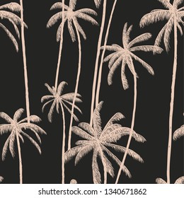 Tropical palm trees seamless pattern. Hand drawn vector illustration. Good for swimwear, fabric or decoration