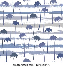 Tropical palm trees seamless pattern on grunge stripes background. Vector illustration