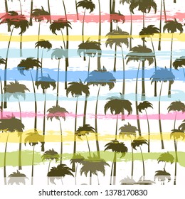 Tropical palm trees seamless pattern on grunge stripes background. Vector illustration