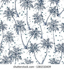 Tropical palm trees seamless pattern on grunge spray background. Vector illustration