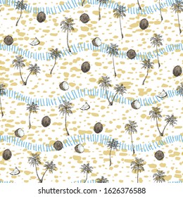 Tropical palm trees seamless pattern on grunge stripes background. Exotic background design for cosmetics, spa, textile, hawaiian style shirt. Perfect as wrapping paper, wallpaper.
Vector illustration