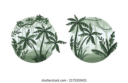 Der tropische Palmenhain. Jungle misty Regenwald Landschaft in runder Form Vektorgrafik