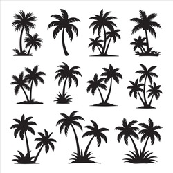 Tropical palm trees set silhouettes