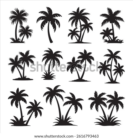 Tropical palm trees set silhouettes