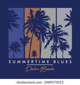 Tropical palm trees silhouette illustration on striped background. Art for printing on t-shirts, decoration, etc.