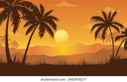 Tropical palm trees silhouette at sunrise .