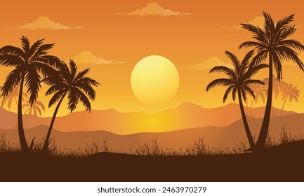 Tropical palm trees silhouette at sunrise .