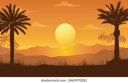 Tropical palm trees silhouette at sunrise .