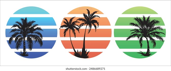 Tropical Palm Trees Silhouette with Sunset Gradient Background - Set of Three