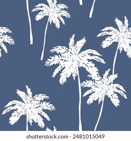 Tropical palm trees silhouettes, blue background. Vector seamless pattern. Graphic illustration. Paradise nature. Sketch design