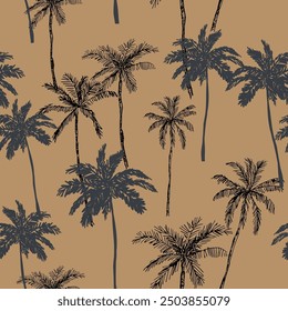 Tropical palm trees silhouettes, brown background. Vector seamless pattern. Floral illustration. Exotic plants. Summer beach design. Paradise nature