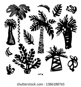 Tropical palm trees silhouettes isolated on white background. Hand drawn design vector set 