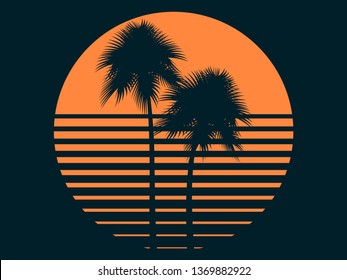 Tropical palm trees in the sun. Summer sunset. Print design for t-shirt. Vector illustration