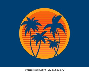 Tropical palm trees at sunset in a futuristic 80s style. Summer time, silhouettes of palm trees in synthwave and retrowave style. Design of advertising booklets and banners. vector illustration