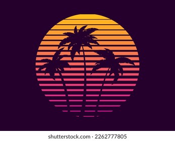 Tropical palm trees at sunset in a futuristic 80s style. Summer time, silhouettes of palm trees in synthwave and retrowave style. Design of advertising booklets and banners. vector illustration