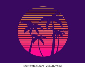 Tropical palm trees at sunset in a futuristic 80s style. Summer time, silhouettes of palm trees in synthwave and retrowave style. Design of advertising booklets and banners. vector illustration