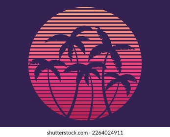Tropical palm trees at sunset in a futuristic 80s style. Summer time, silhouettes of palm trees in synthwave and retrowave style. Design of advertising booklets and banners. vector illustration