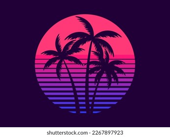 Tropical palm trees at sunset in a futuristic 80s style. Summer time, silhouettes of palm trees in synthwave and retrowave style. Design of advertising booklets and banners. vector illustration