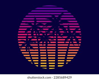 Tropical palm trees at sunset in a futuristic 80s style. Summer time, silhouettes of palm trees in synthwave and retrowave style. Design of advertising booklets and banners. Vector illustration