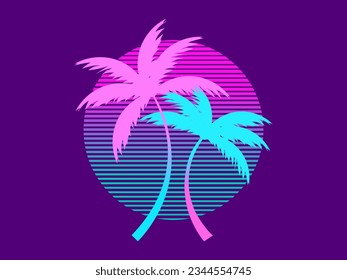 Tropical palm trees at sunset in a futuristic 80s style. Summer time, silhouettes of palm trees in synthwave and retrowave style. Design of advertising booklets and banners. vector illustration