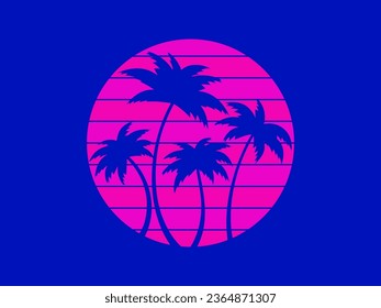 Tropical palm trees at sunset in a futuristic 80s style. Summer time, silhouettes of palm trees in synthwave and retrowave style. Design of advertising booklets and banners. vector illustration - Shutterstock ID 2364871307