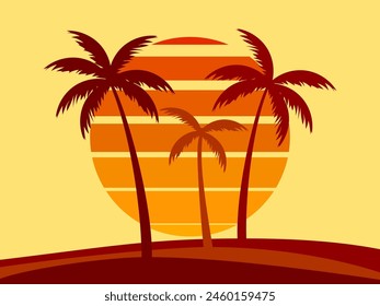 Tropical palm trees at sunset in a futuristic 80s style. Summer time, silhouettes of palm trees in synthwave and retrowave style. Design of advertising booklets and banners. Vector illustration