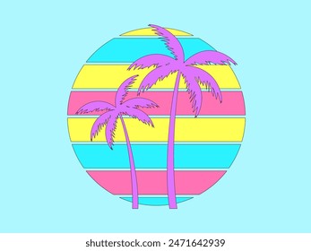 Tropical palm trees at sunset in a futuristic 80s style. Summer time, silhouettes of palm trees in synthwave and retrowave style. Design of advertising booklets and banners. Vector illustration