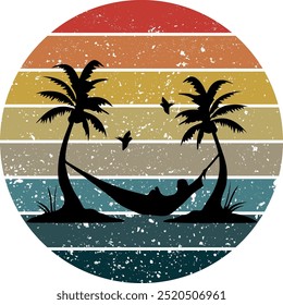 Tropical palm trees at sunset in a futuristic 80s style. Summer time, silhouettes of palm trees in synthwave and retrowave style, vector illustration, Design of advertising booklets and banners