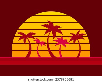 Tropical palm trees at sunset in a futuristic 80s style. Summer time, silhouettes of palm trees in synthwave and retrowave style. Design of advertising booklets and banners. Vector illustration