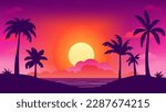 Tropical palm trees at sunset, on the ocean, beautiful landscape, sky interesting vector illustration background