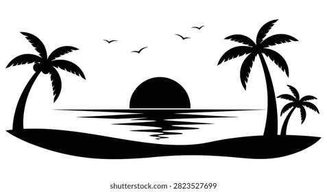 Tropical Palm Trees And Sunset Over Water Black Silhouette