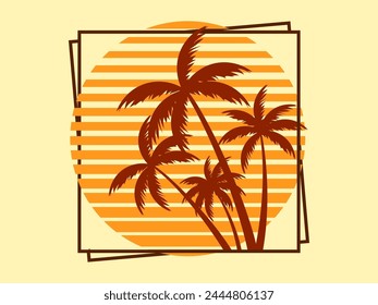 Tropical palm trees at sunset in a square frame. Summer time, silhouettes of palm trees and the sun in synthwave and retrowave style. Design of advertising brochures and banners. Vector illustration