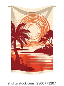 Tropical palm trees sunset waves crashing icon isolated