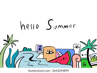 tropical palm trees, and a surfboard, with "Hello Summer" lettering