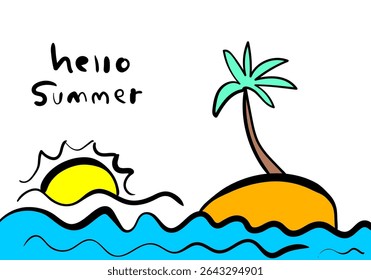 tropical palm trees, and a surfboard, with "Hello Summer" lettering