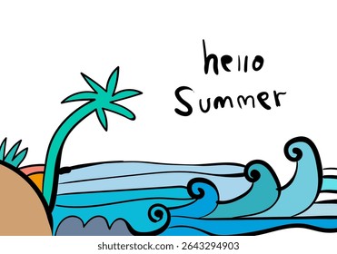 palmeiras tropicais e uma prancha de surf, com a inscrição "Hello Summer"