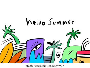 tropical palm trees, and a surfboard, with "Hello Summer" lettering