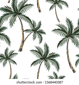 Tropical palm trees, white background. Vector seamless pattern. Vintage illustration. Exotic jungle. Summer beach design. Paradise nature