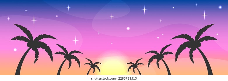Fondo de palmeras tropicales. Plantilla de banner web de vectores. Cielo de verano, puesta de sol y estrellas. Ilustración de siluetas de palmeras. Copiar espacio para texto.