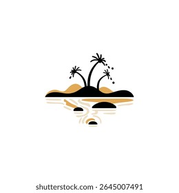 Tropical palms grow beside calm water minimalist design