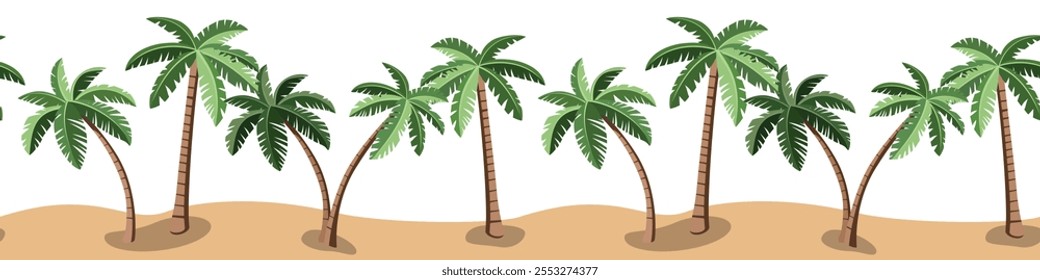 Palmeiras tropicais na praia padrão de borda sem costura. Padrão sem emenda do vetor. Design gráfico para banner, web, impressão.