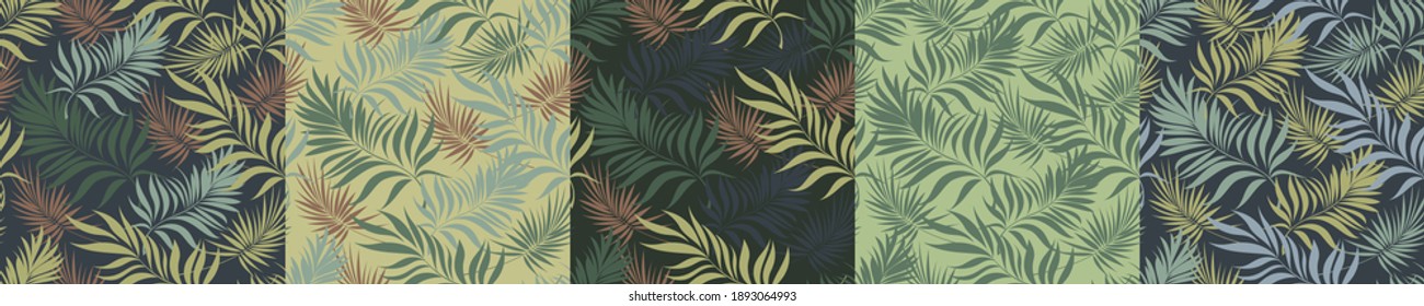 Palmas tropicales. Patrón sin foco con ramas de plantas tropicales. Conjunto de vectores.