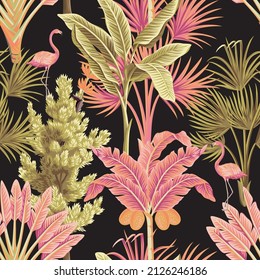 Tropical palms, trees, pink flamingo animal seamless pattern lack background. Exotic jungle wallpaper.