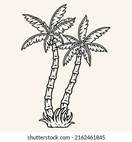 Tropical palms vintage element monochrome style two trees with coconut fruits symbolizing summer holidays on resort islands vector illustration