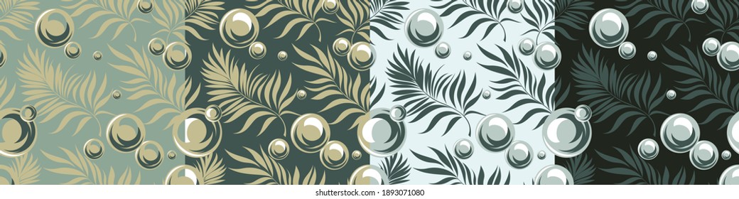 Tropical palms with water drops. Seamless pattern with branches of tropical plants. Vector set.